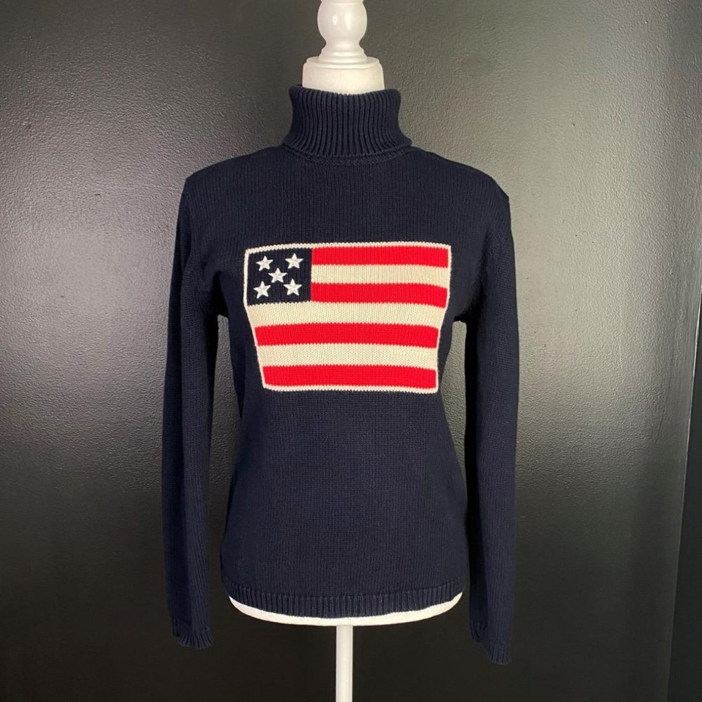 American Flag Navy Blue Knit Turtleneck Sweater